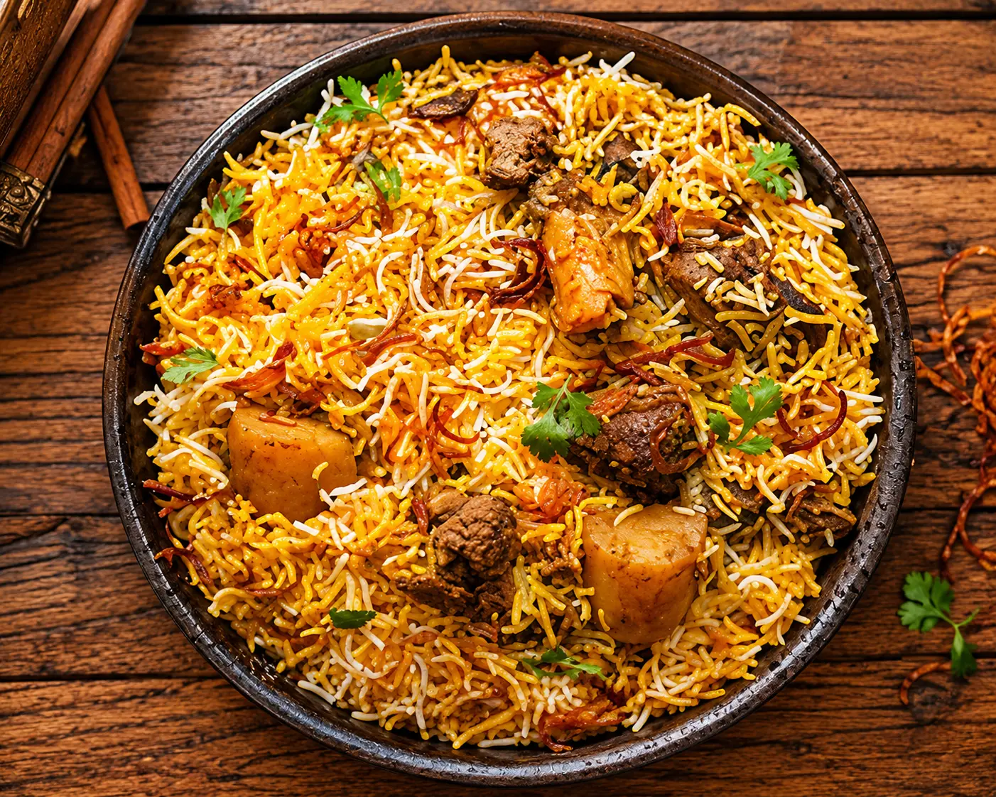 Charismatic Biryani with saffron basmati rice, vegetables and halal meat at Charisma Of India in Winnipeg, MB