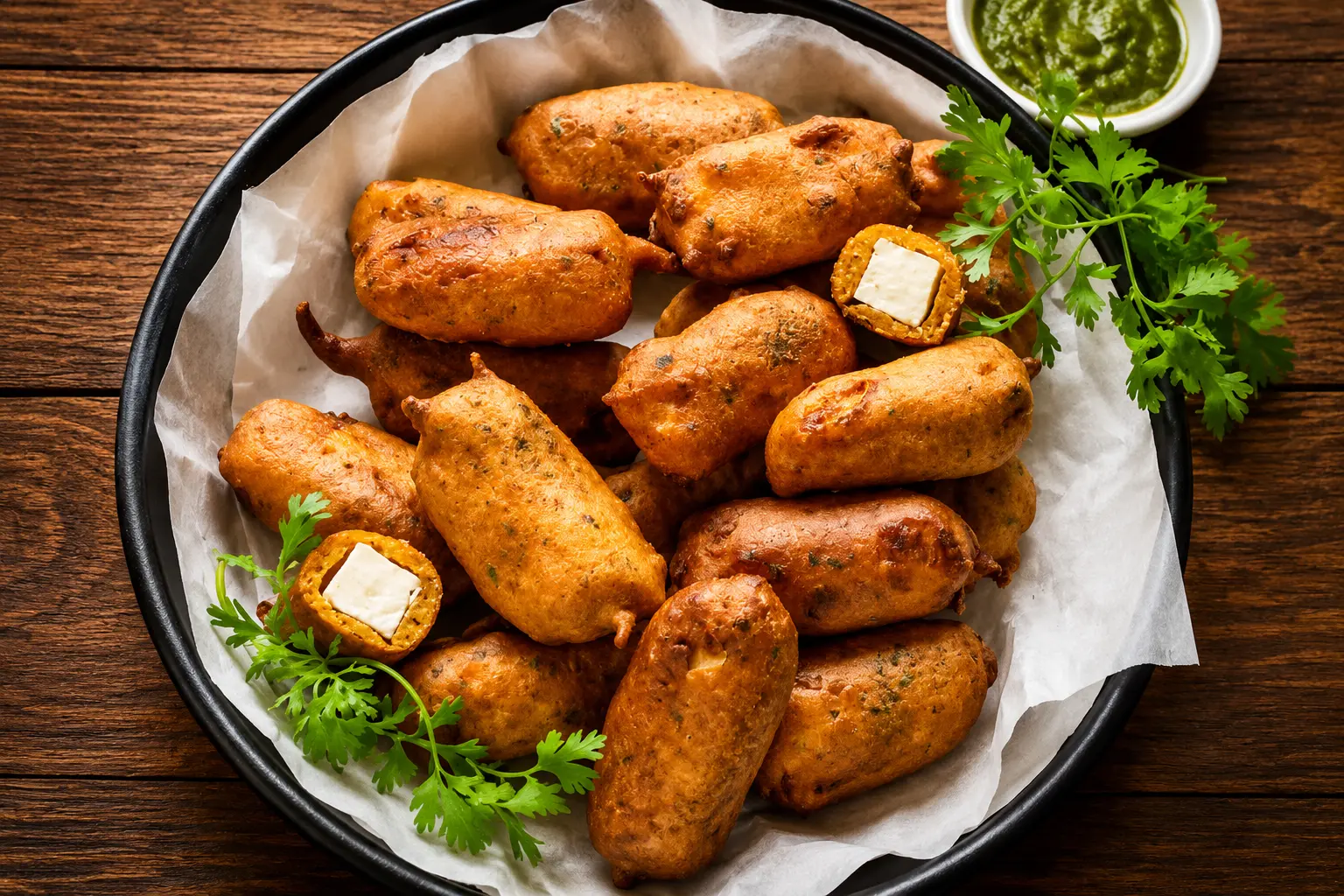 Crispy fish pakora appetizer with mint chutney and red onion in Winnipeg