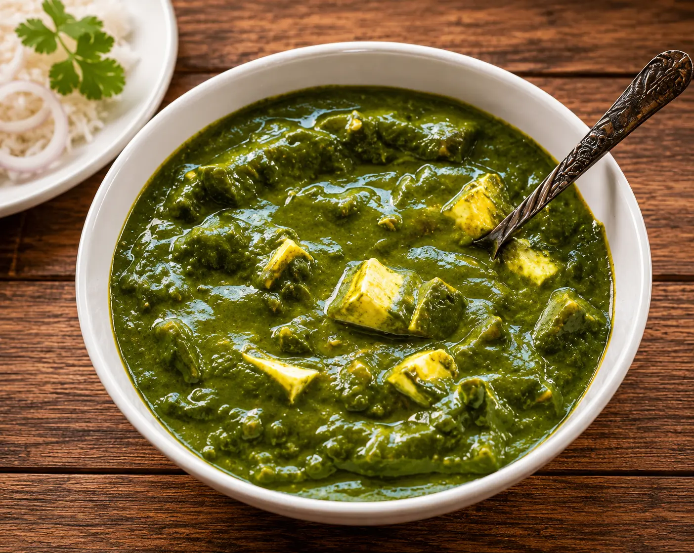 Palak paneer, a creamy spinach curry with soft paneer cubes, at Charisma Of India in Winnipeg, MB